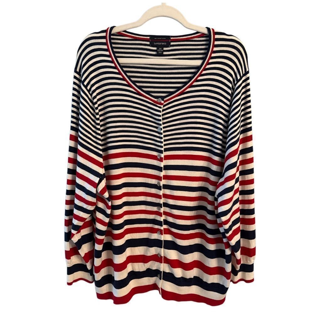 Lands’ End Women’s 3X 24W-26W Pima Cotton Cardigan red white blue